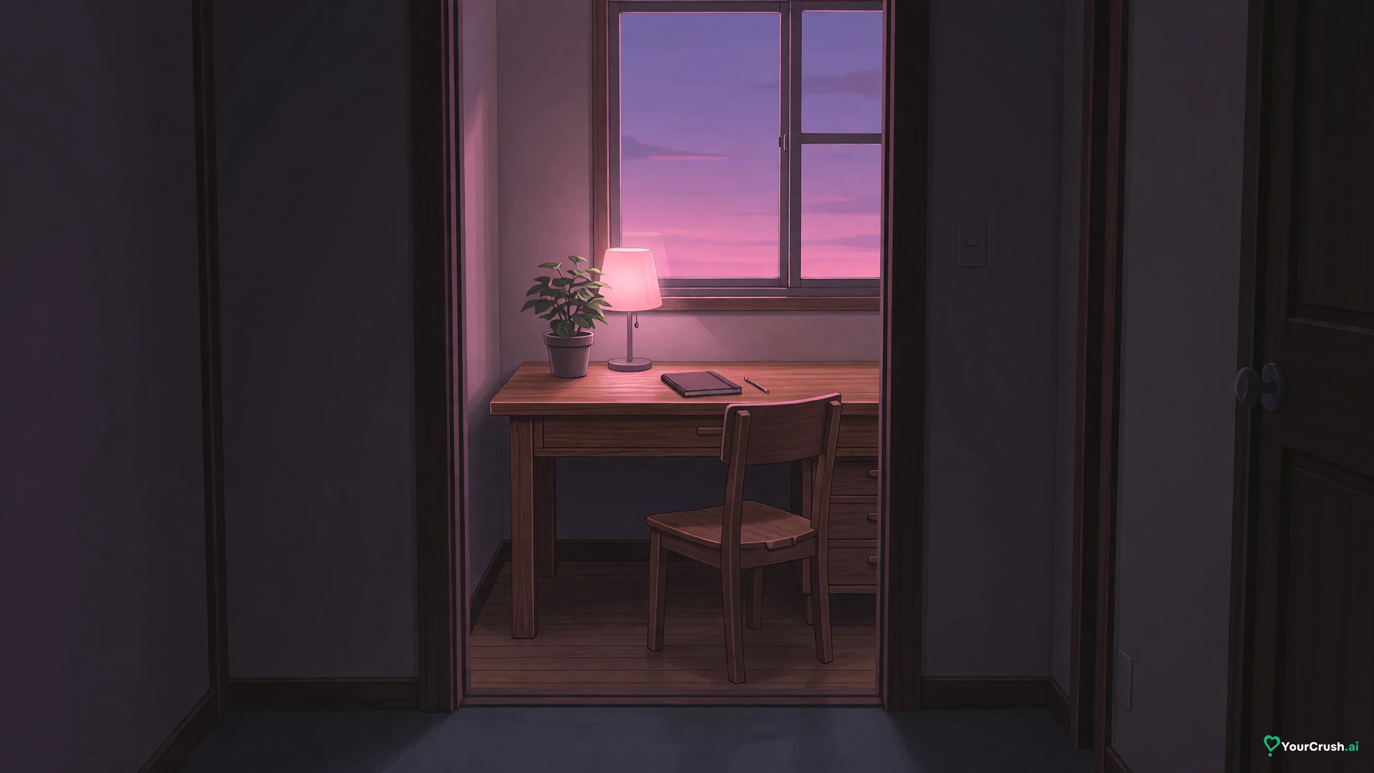 An open doorway onto a small studio desk lit pink and violet