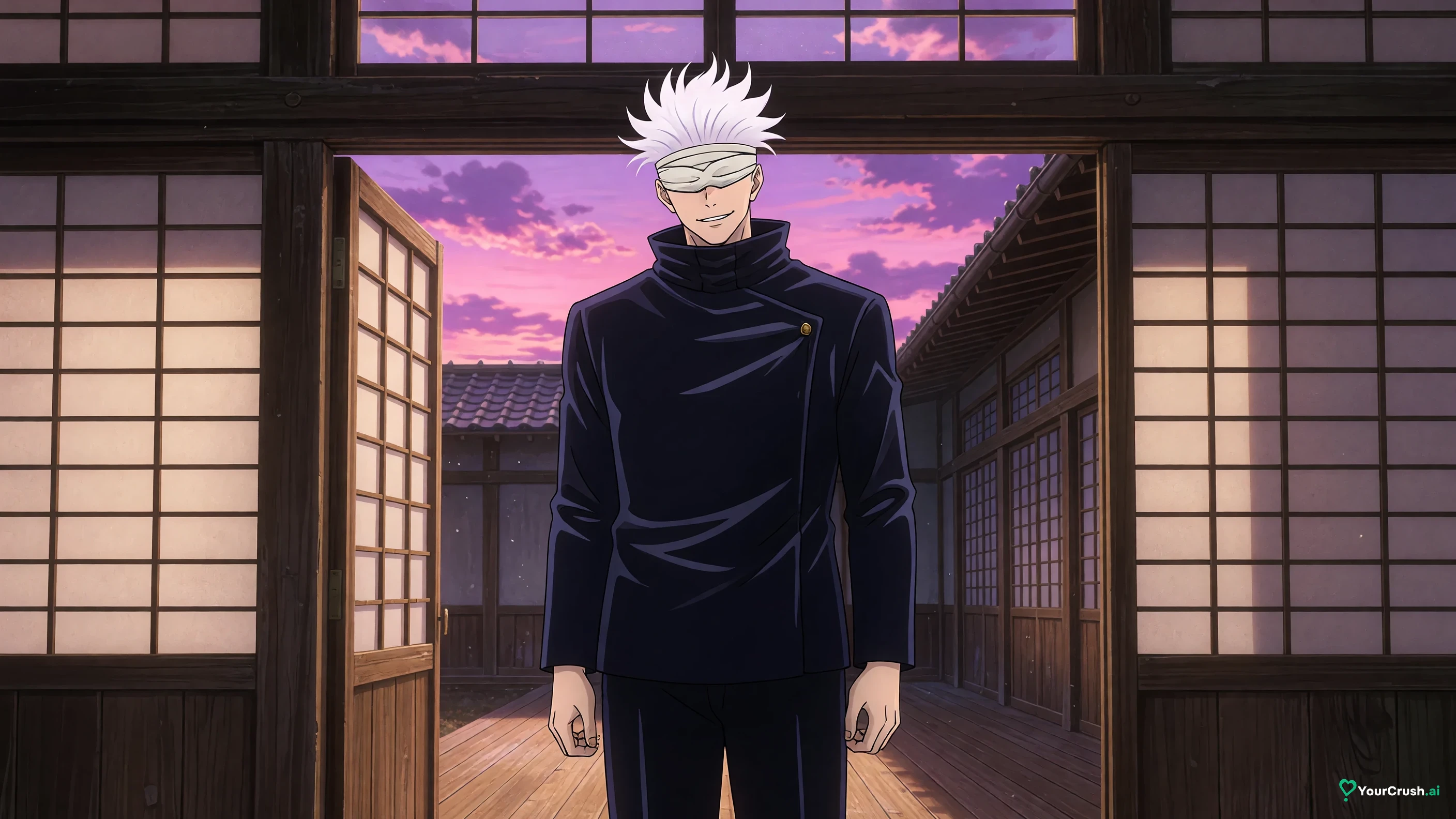 Satoru Gojo ducking under a wooden doorway at Jujutsu High