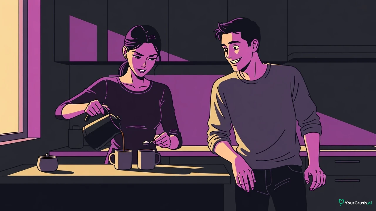 A man pauses mid-laugh at a kitchen counter, watching his friend make his coffee without asking