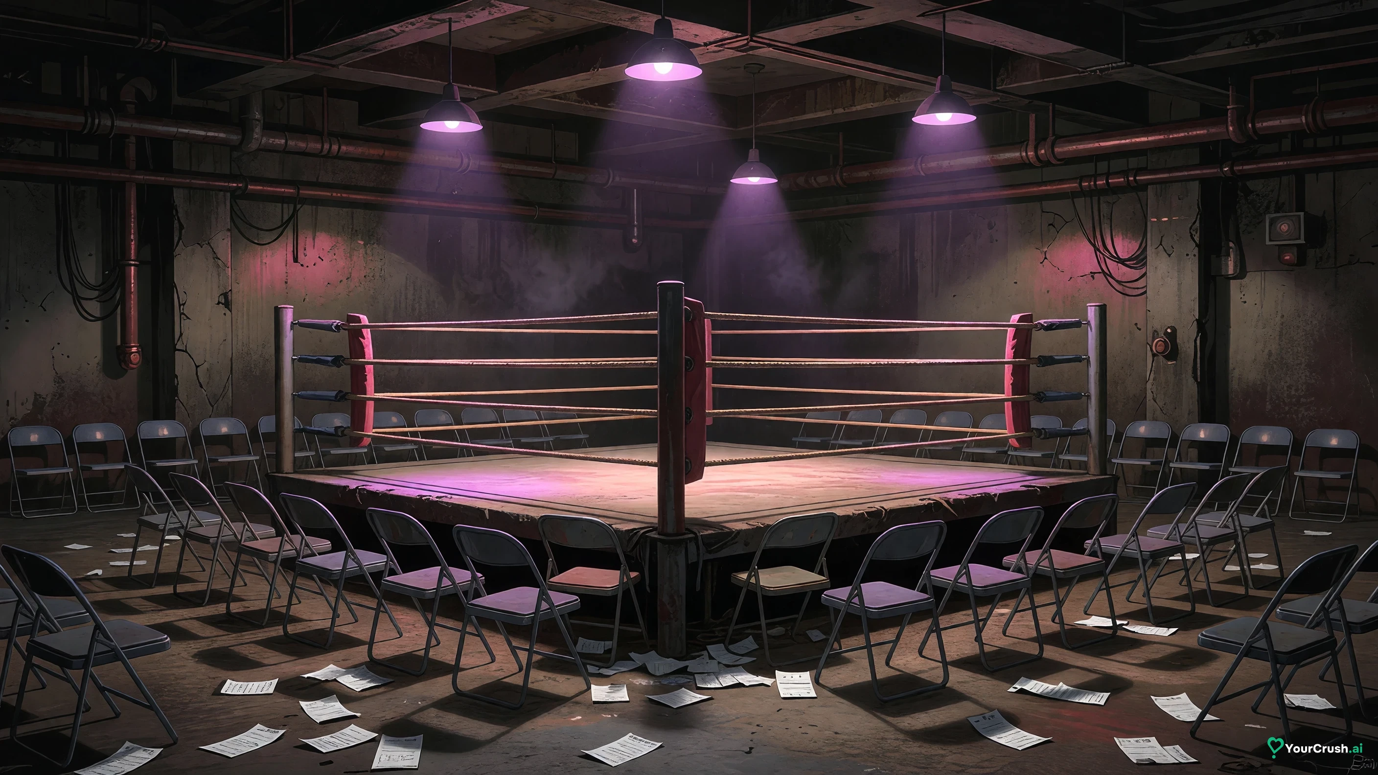 An empty underground fight club ring, the setting where Yuji and Megumi recruit Hakari in Jujutsu Kaisen