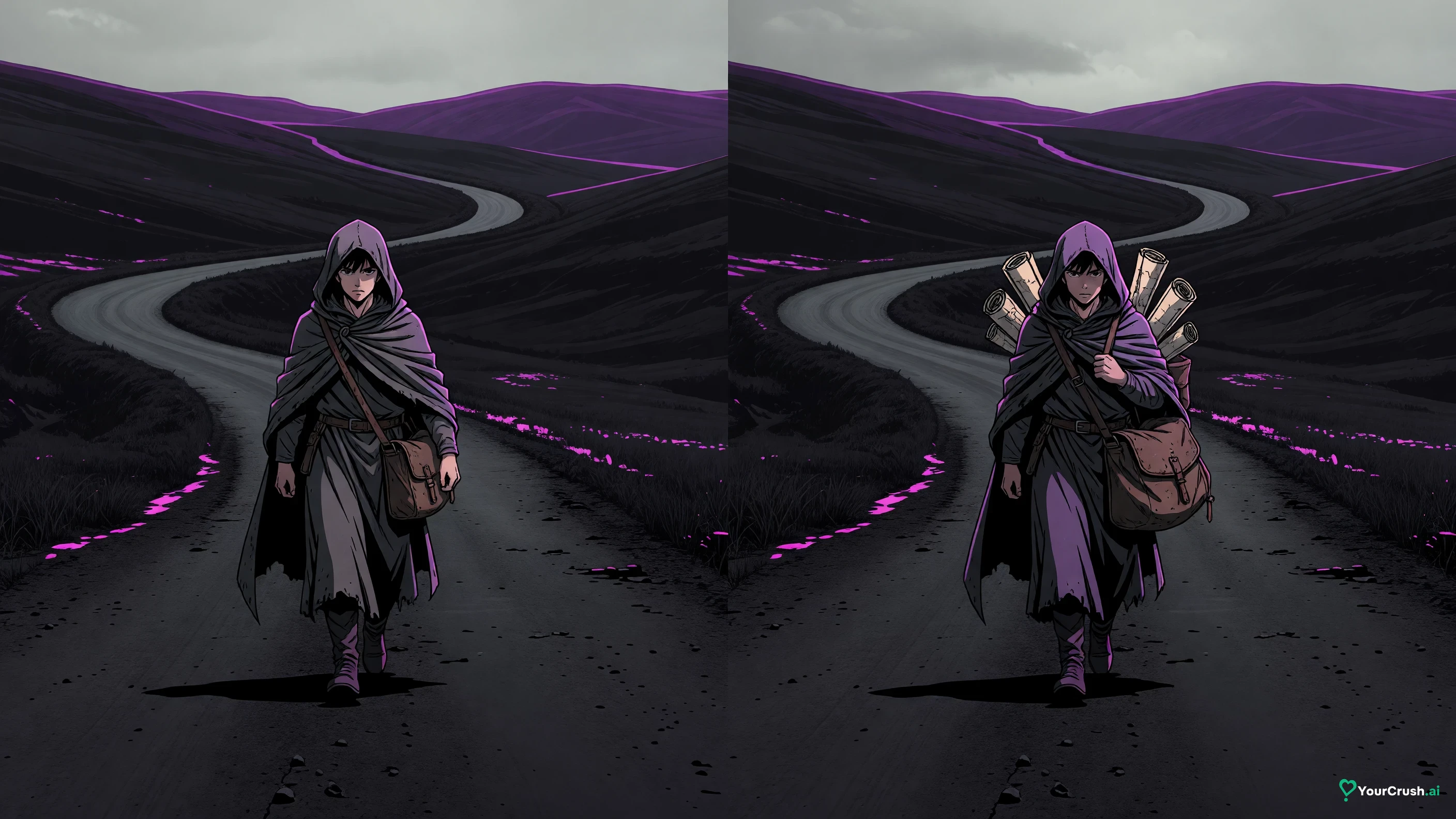 Two panels: a traveller on a long road carrying a small satchel, then the same traveller carrying a much larger satchel