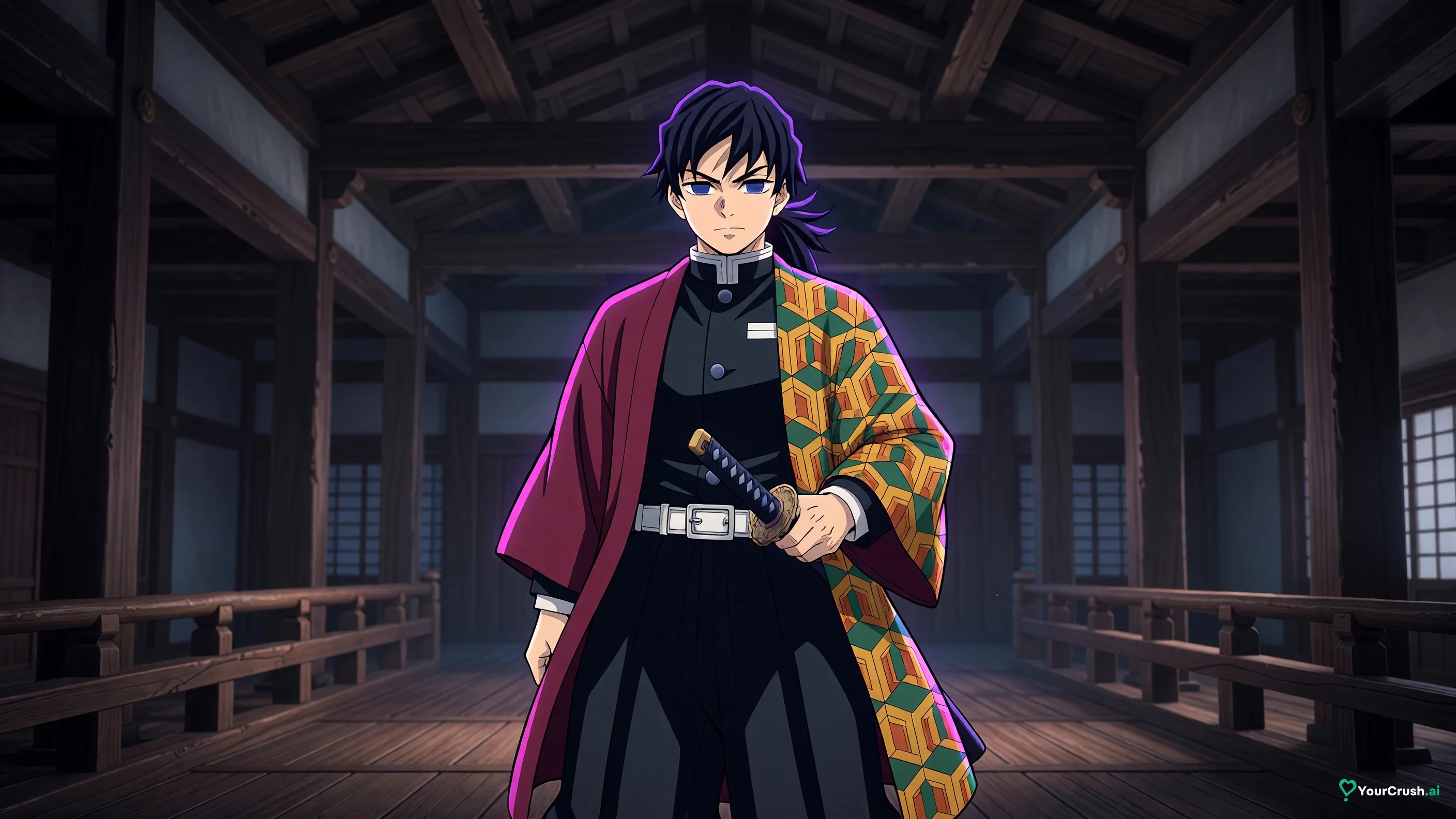 Giyu Tomioka from Demon Slayer standing on a wooden walkway inside the Infinity Castle
