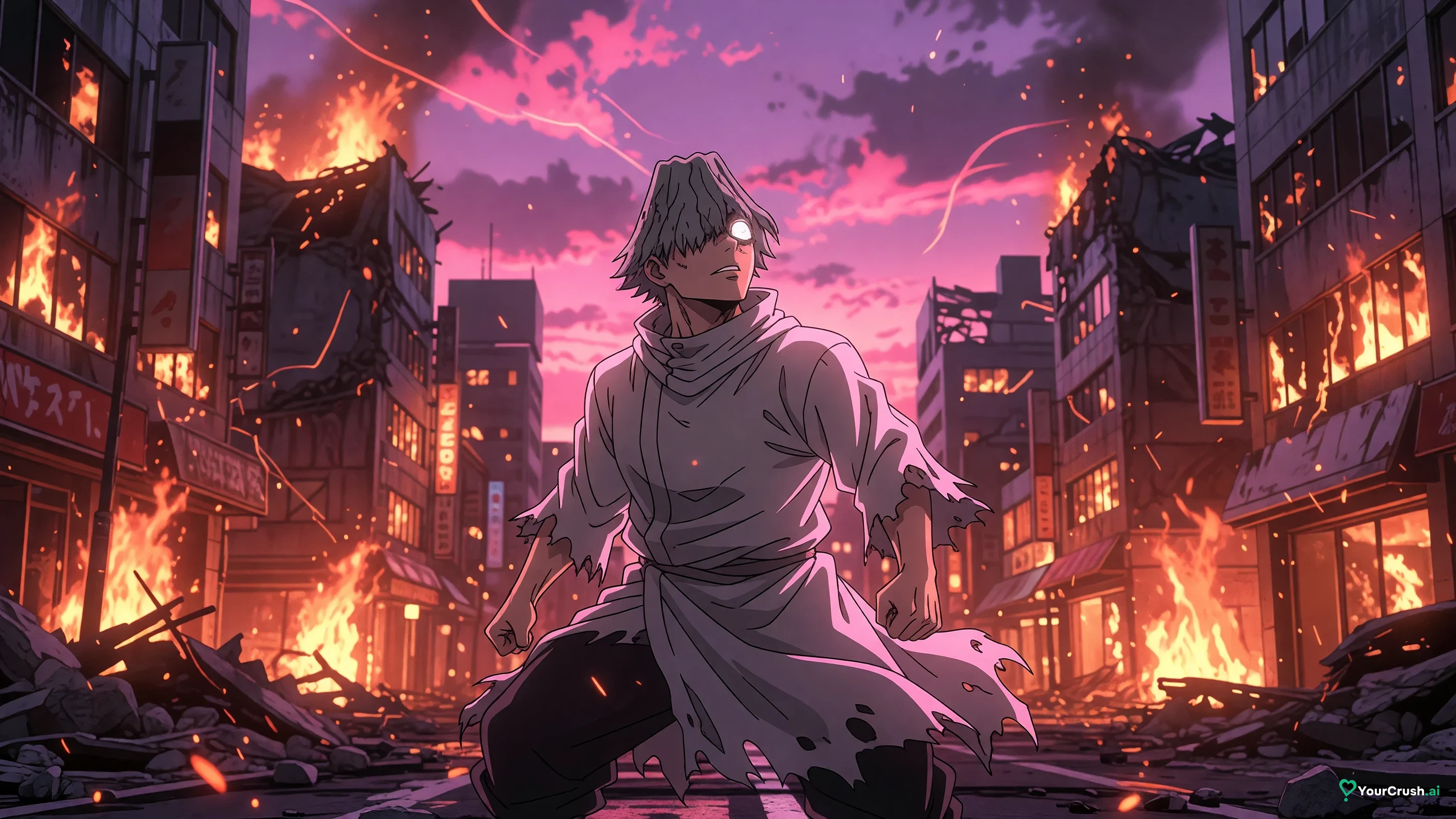 The curse Jogo standing in a burning Shibuya street at night
