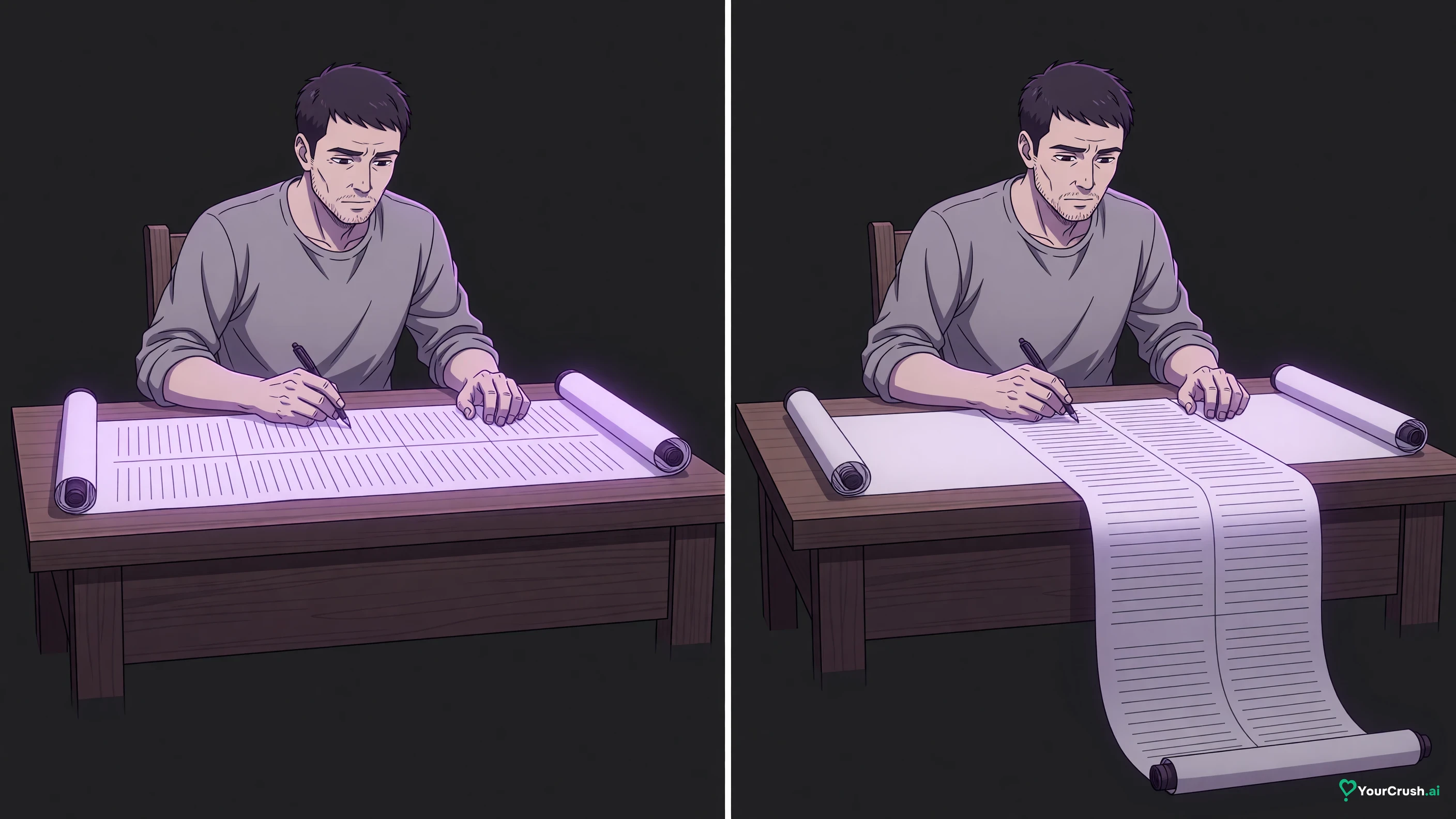 Two panels: a long paper scroll fully lit, then the same scroll grown longer with its first section faded to grey outline